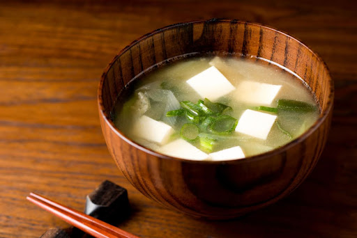 Miso Soup in wooden bowl.